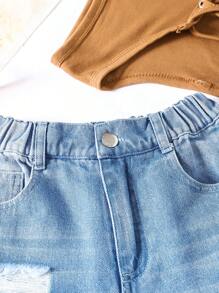 Chicas Shorts mezclilla desgarro bajo crudo - Lavado ligero - Ver 5