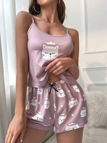 卡通图案蝴蝶结睡衣套装 / 睡衣套装 - 藕粉色 - 查看 1