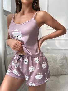 卡通图案蝴蝶结睡衣套装 / 睡衣套装 - 藕粉色 - 查看 3
