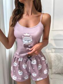 卡通图案蝴蝶结睡衣套装 / 睡衣套装 - 藕粉色 - 查看 4