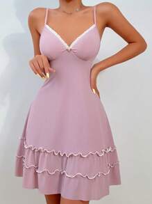 Lace Trim Ruffle Hem Cami Pajama Nightdress Holiday Season - Dusty Pink - View 1