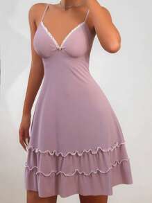 Lace Trim Ruffle Hem Cami Pajama Nightdress Holiday Season - Dusty Pink - View 5