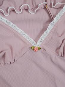 Lace Trim Ruffle Hem Cami Pajama Nightdress Holiday Season - Dusty Pink - View 6