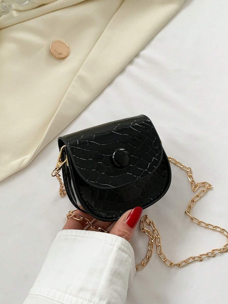 Mini Saddle Bag Crocodile Print Flap Chain PU - Black - View 1