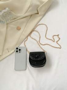 Mini Saddle Bag Crocodile Print Flap Chain PU - Black - View 4