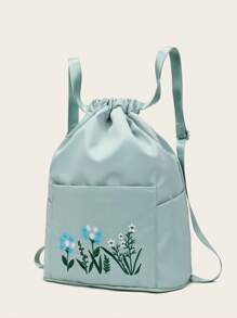 Mint Green Drawstring Backpack Flower Embroidery Pocket Front For Daily - Green - View 1