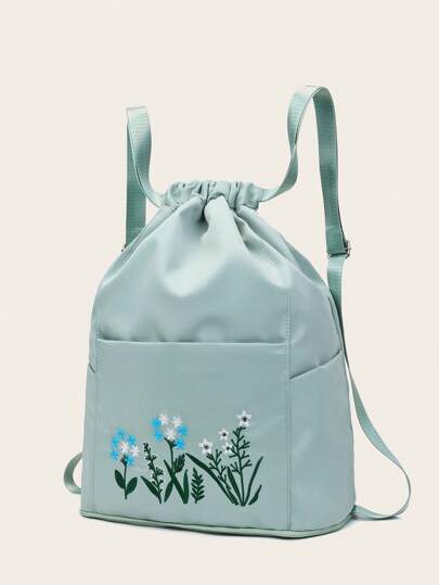 Mint Green Embroidered Fringe Drawstring Backpack Vintage MidCentury Drawstring Handbag Beige Green Embroidery  main image 3