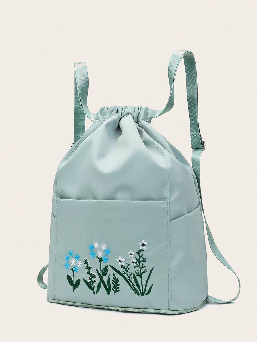 Mint Green Drawstring Backpack Flower Embroidery Pocket Front For Daily - Green - View 1