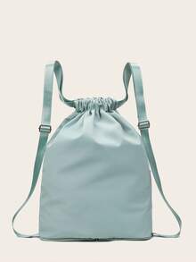 Mint Green Drawstring Backpack Flower Embroidery Pocket Front For Daily - Green - View 2
