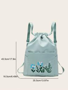 Mint Green Drawstring Backpack Flower Embroidery Pocket Front For Daily - Green - View 3