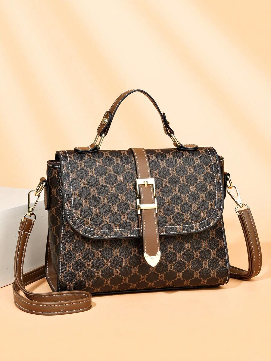 All Over Print Square Bag Brown Buckle Decor Top Handle For Work - Multicolor - View 1