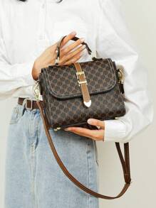 All Over Print Square Bag Brown Buckle Decor Top Handle For Work - Multicolor - View 2