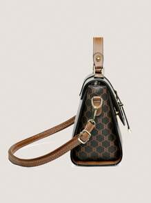 All Over Print Square Bag Brown Buckle Decor Top Handle For Work - Multicolor - View 3