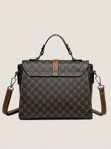 All Over Print Square Bag Brown Buckle Decor Top Handle For Work - Multicolor - View 6