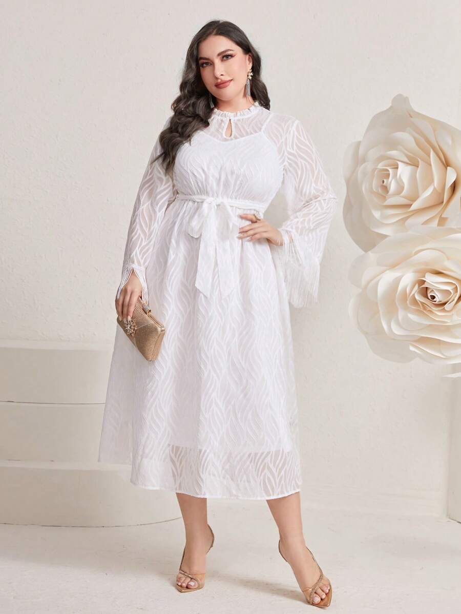 Modelyn Plus Keyhole Neckline Belted Dress - White - View 1