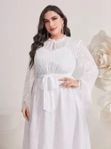 Modelyn Plus Keyhole Neckline Belted Dress - White - View 4