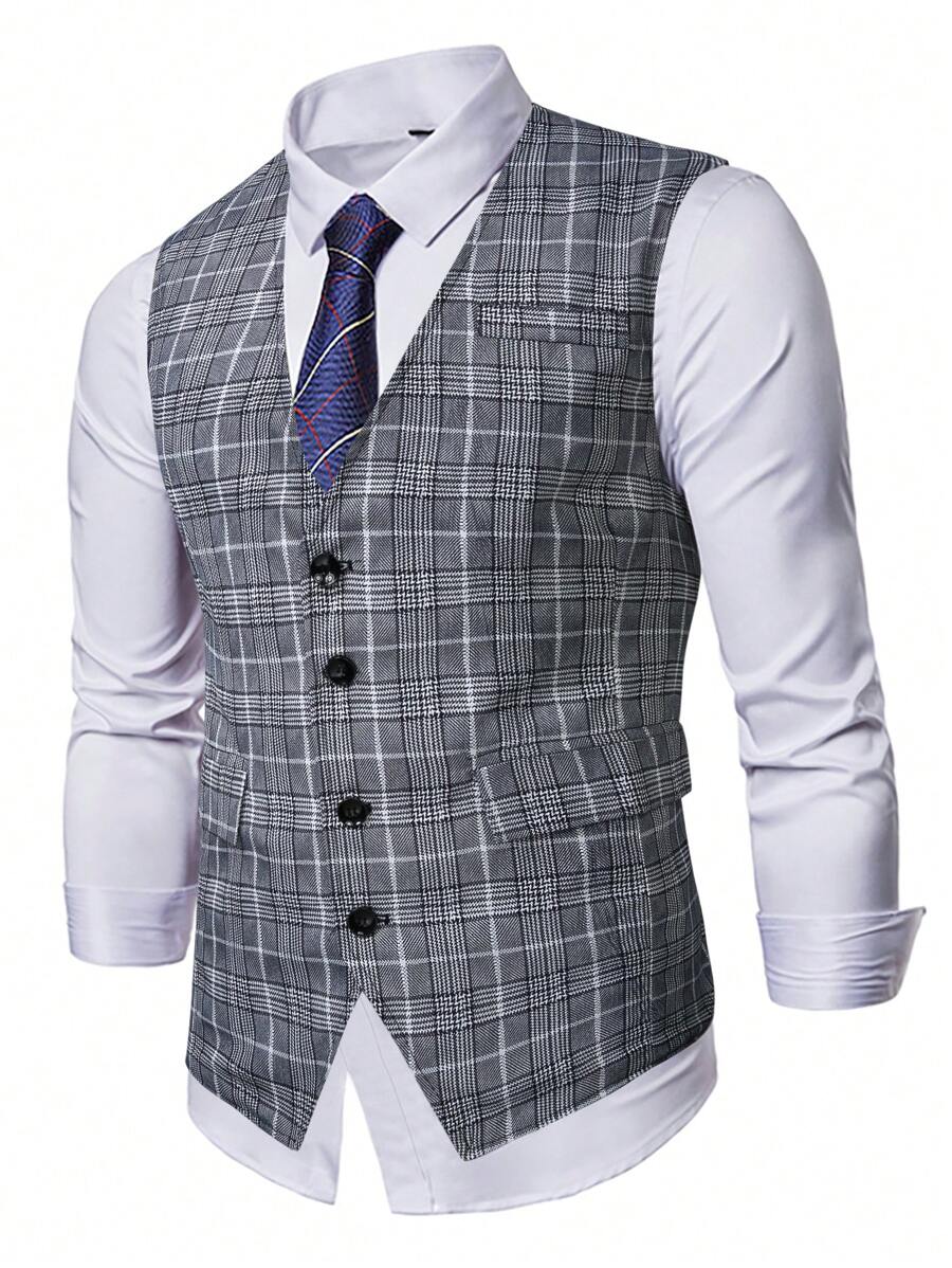 Manfinity Mode 男士1入組格紋印花馬甲 - 灰色 - 查看 1