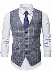 Manfinity Mode 男士1入組格紋印花馬甲 - 灰色 - 查看 3