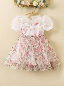 SHEIN Toddler Girls Floral Print Puff Sleeve Mesh Overlay Dress