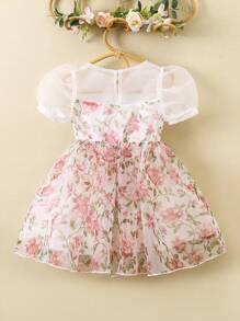 SHEIN Toddler Girls Floral Print Puff Sleeve Mesh Overlay Dress