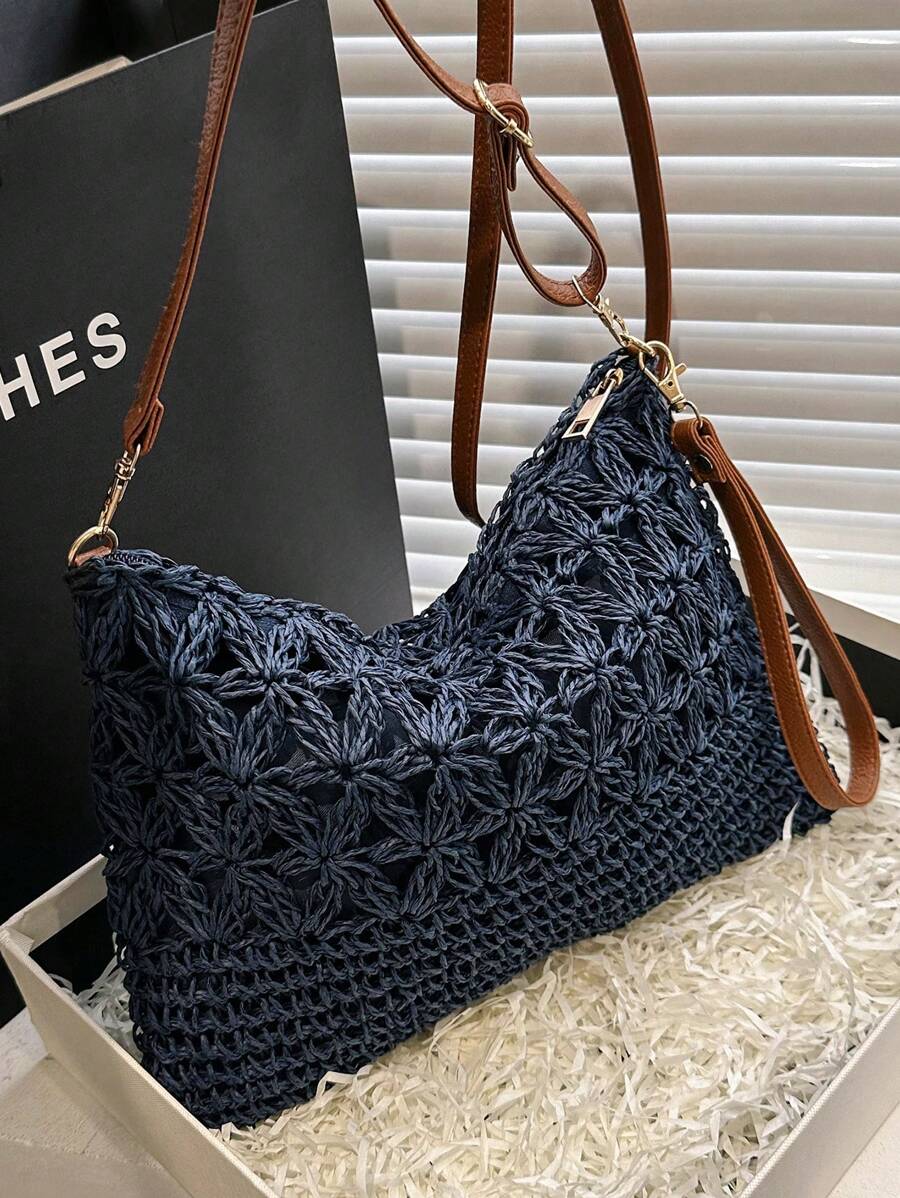 Túi Rơm Trung Bình Có Dây Đeo Có Thể Điều Chỉnh Rỗng Ra, Hoàn Hảo Cho Kỳ Nghỉ Du Lịch Bãi Biển Mùa Hè - Màu xanh hải quân - Xem 1