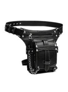 哥特式腰包金屬鏈條裝飾斜挎包蒸汽朋克機車包 - 黑色 - 查看 7