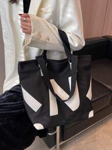 Túi tote đeo vai cỡ lớn Patch Patch Double Handle cho hàng ngày - màu đen - Xem 4