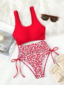 Đồ bơi một mảnh cắt da báo có dây rút bên hông, cho kỳ nghỉ hè ở bãi biển - Đỏ và trắng - Xem 3