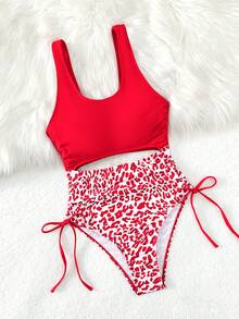 Đồ bơi một mảnh cắt da báo có dây rút bên hông, cho kỳ nghỉ hè ở bãi biển - Đỏ và trắng - Xem 6