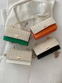 Mini Two Tone Flap Straw Bag Metal Decor, Summer Straw Beach Bag For Women, Vacation Essentials, Perfectly Matching With Beach Accessories Women, Hottest Beach Bags For Women, Fashion Summer Vacation Bag, Beach Essentials Women Bags For Vacation & Holiday, Perfect For Summer, Vacation & Beach