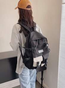 Ba lô nữ có dây đeo trang trí, ba lô thông thường có sức chứa lớn dành cho học sinh trung học cơ sở, trung học phổ thông và đại học; Thiết kế khối màu có giá trị màu cao - Đen và trắng - Xem 9