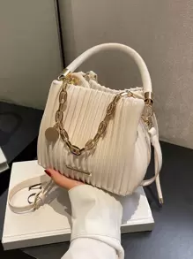 CONTAINEVERY 輕便商務休閒迷你水桶包鏈條裝飾 PU 褶皺適合青少年女孩女大學生、菜鳥和白領非常適合辦公室、大學、工作、商務、通勤、戶外、旅行、郊遊 - 白色 - 查看 3