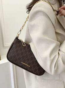 2025 New Fashion Classic Clown Print Pattern Design Metal Chain Decor Underarm Baguette Bag, Suitable For Shopping - Coffee Brown - View 3