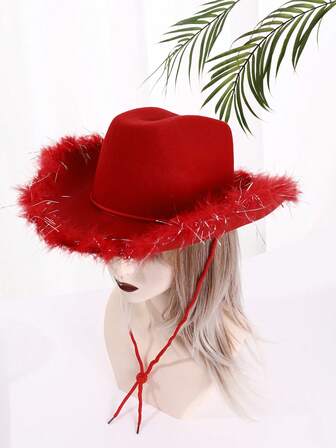 1入組中性女士華麗西部牛仔帽，帶毛茸茸邊緣裝飾，非常適合派對