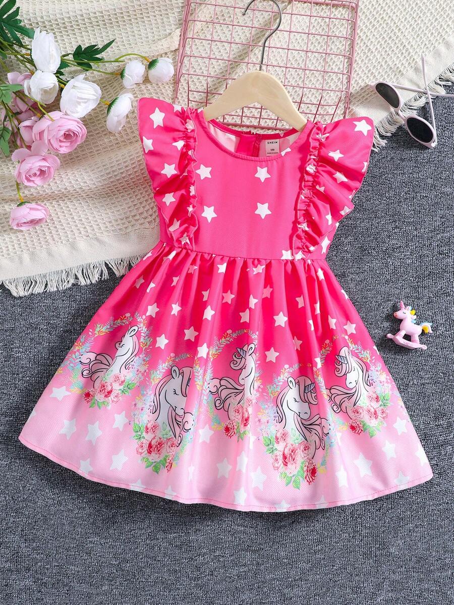 小女童卡通圖案荷葉邊連衣裙 - 粉色 - 查看 1