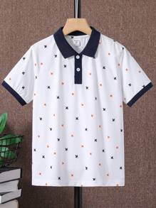 SHEIN Explorewe 青少年簡約時尚楓葉印花白色短袖Polo衫 - 白色 - 查看 1