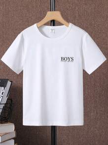 SHEIN Áo thun tay ngắn in chữ đen cổ tròn đơn giản cho bé trai màu trắng - trắng - Xem 1