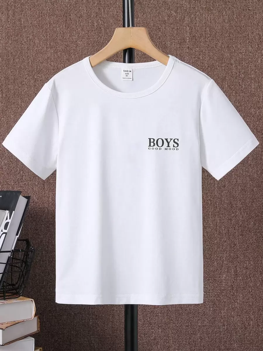 SHEIN Áo thun tay ngắn in chữ đen cổ tròn đơn giản cho bé trai màu trắng - trắng - Xem 1