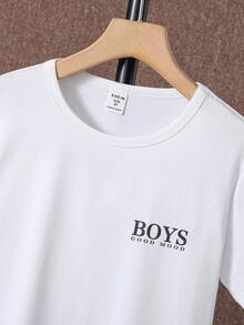 SHEIN Áo thun tay ngắn in chữ đen cổ tròn đơn giản cho bé trai màu trắng - trắng - Xem 5