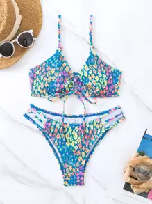 Ditsy Floral Print Drawstring Front Cut Out Bikini Set - Multicolor - View 7