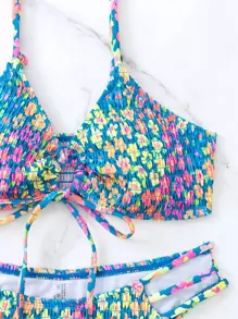 Ditsy Floral Print Drawstring Front Cut Out Bikini Set - Multicolor - View 5