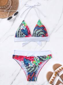 SHEIN Swim 印花掛脖三角杯比基尼泳裝 - 彩色 - 查看 4