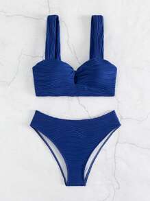 SHEIN Swim Plain Twist Front Bikini Set For Summer Beach - Blue - View 3