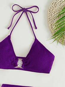 SHEIN Swim Bộ Bikini Nữ Dây kéo Nhẫn màu trơn - Màu tím - Xem 3