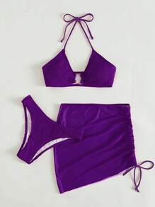 SHEIN Swim Bộ Bikini Nữ Dây kéo Nhẫn màu trơn - Màu tím - Xem 5