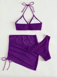 SHEIN Swim Bộ Bikini Nữ Dây kéo Nhẫn màu trơn - Màu tím - Xem 7