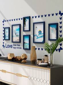 6pcs Wall Hanging Picture Frame Set With Photo Paper And Butterfly Stickers Included - Blue - View 2