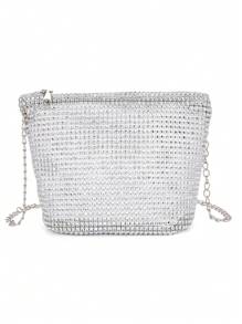 水鑽裝飾方包小拉鍊,透明包 - 銀色 - 查看 2