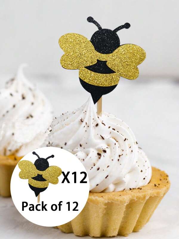 12pcs Paper Cake Topper, Bee Pattern Cake Top Decoration For Home, Party