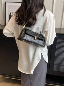 中等的翻蓋法棍包鱷魚壓紋優雅 - 黑色 - 查看 2